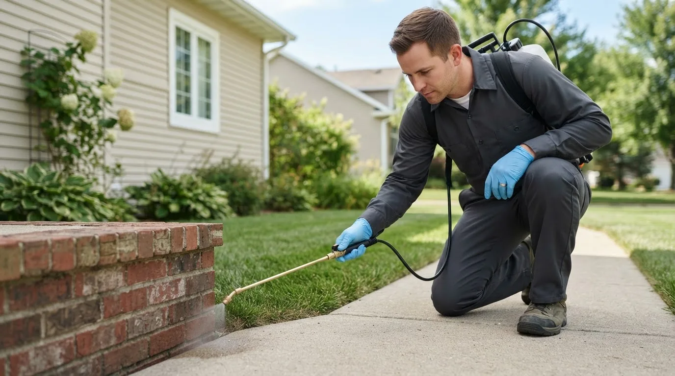 Pest control technician treating a home near De Witt, IA