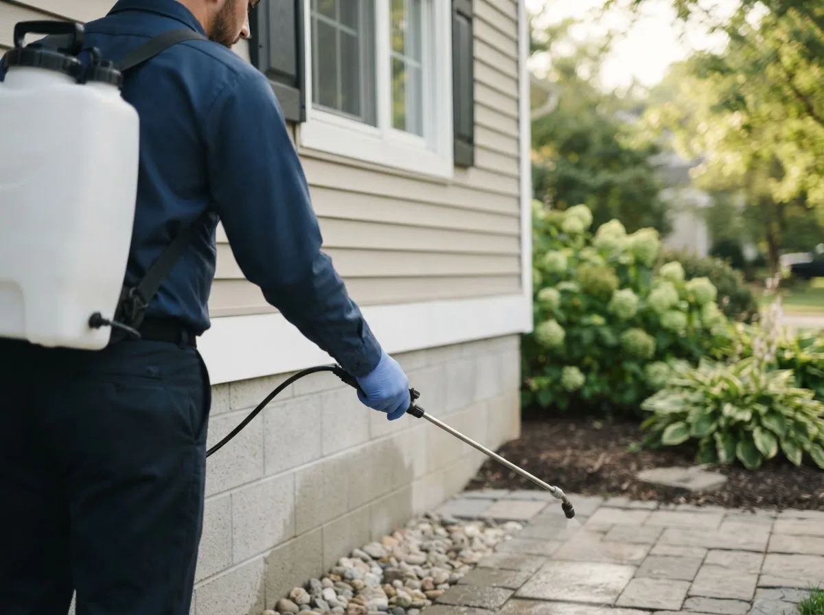 Pest control technician inspecting a home in De Witt, IA